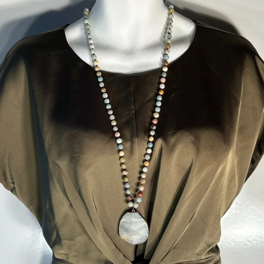 Stone Agate Multi Color Beaded Blue Gray Medallion Necklace Artsy Boho Festival